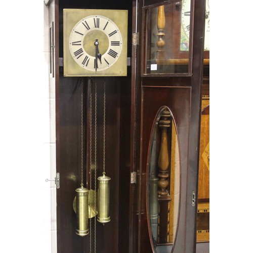 1464 - Early 20th century brass faced chiming oak cased longcase clock, working at time of lotting, H: 193 ... 