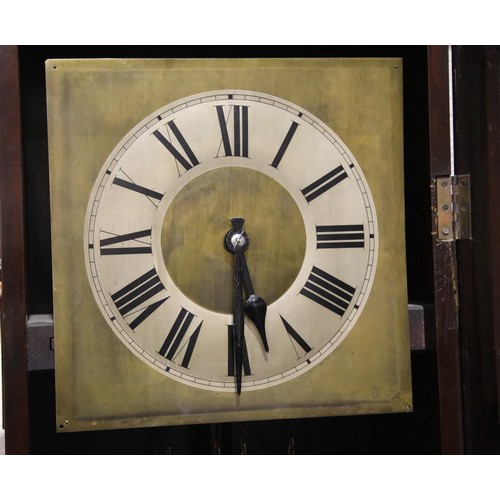 1464 - Early 20th century brass faced chiming oak cased longcase clock, working at time of lotting, H: 193 ... 