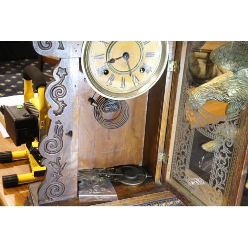 1515 - Three American oak cased mantel clocks including Ansonia, one lacking dial, each H: 58 cm. Not avail... 