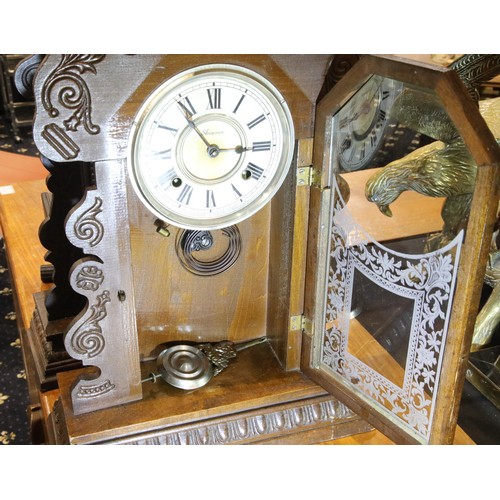 1515 - Three American oak cased mantel clocks including Ansonia, one lacking dial, each H: 58 cm. Not avail... 