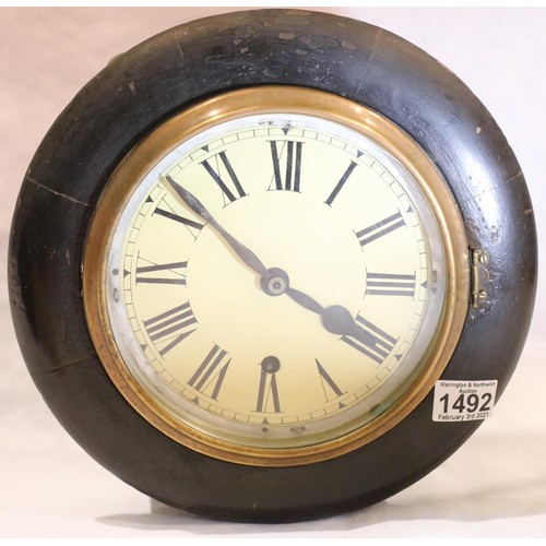 1492 - Victorian mahogany cased wall clock, with pendulum, working at time of lotting, (later) dial D: 19 c... 