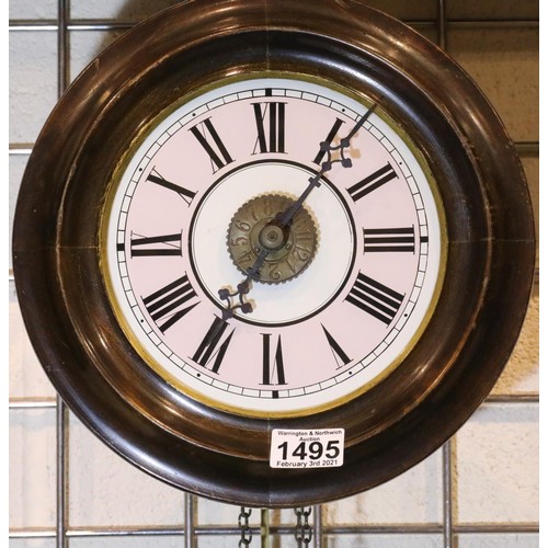 1495 - Mahogany cased chain driven wall clock with incorrect weights and pendulum, working at time of lotti... 