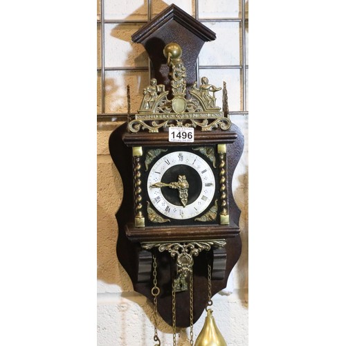 1496 - Dutch mahogany and brass cased Atlas chain driven wall clock with bell, weights and pendulum, not wo... 