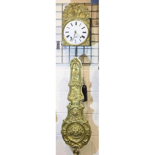 1497 - French brass faced wire driven wall mounted clock with bell, with weights and pendulum, working at t... 