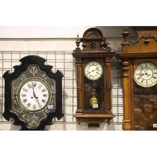 1501 - 19th century walnut cased chiming key wind Vienna type wall clock, with pendulum and key, lacking ho... 