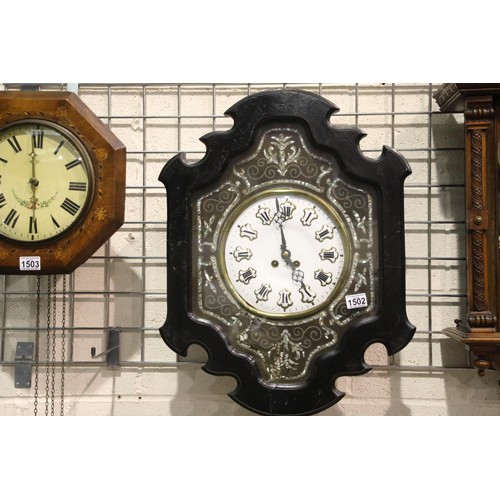 1502 - Large Continental 19th century ebonised and mother of pearl cased key wind chiming wall clock, havin... 