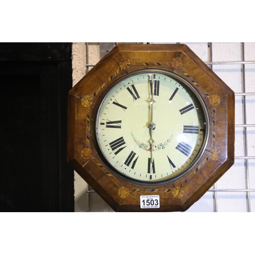 1503 - 19th century inlaid walnut cased twin weight chain driven wall clock, lacking pendulum, with weights... 