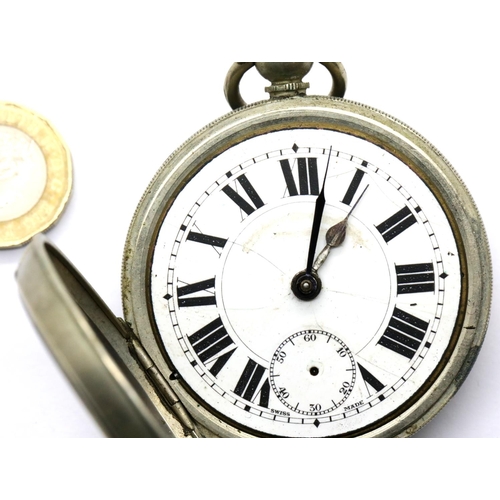 1010 - White metal late Victorian key wind pocket watch lacking seconds hand, D: 55 mm. P&P Group 1 (£14+VA... 