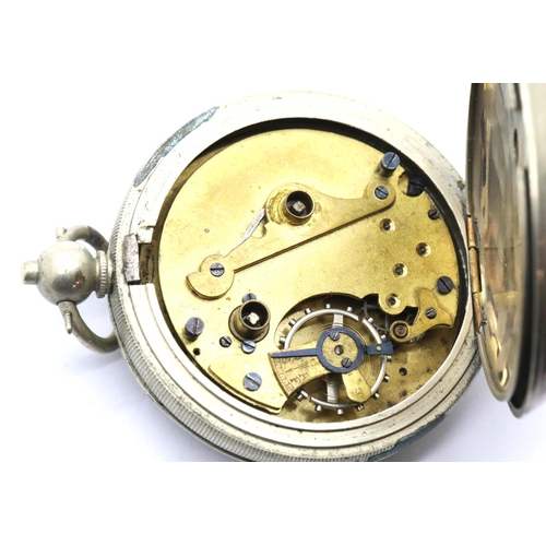 1010 - White metal late Victorian key wind pocket watch lacking seconds hand, D: 55 mm. P&P Group 1 (£14+VA... 