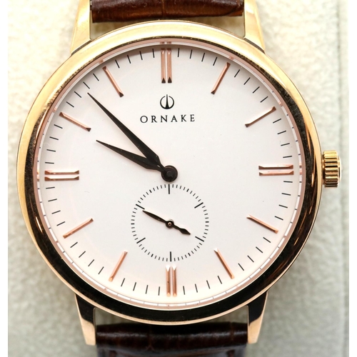 1053 - New boxed Ornake gents wristwatch with Japanese Mituyo movement and gold with white face. P&P Group ... 