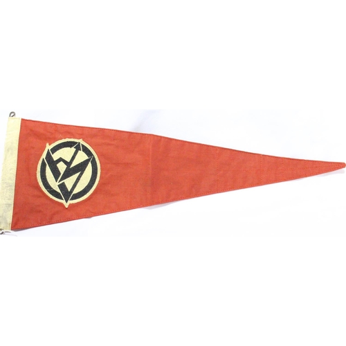 3007 - German Third Reich early reproduction large embroidered cotton SA pennant, stamped (indistinct) L: 5... 