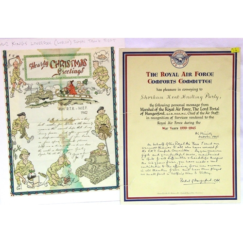 3018 - British WWII Kings Liverpool 1942 dated Christmas letter, mounted on card, and an RAF Comforts Commi... 