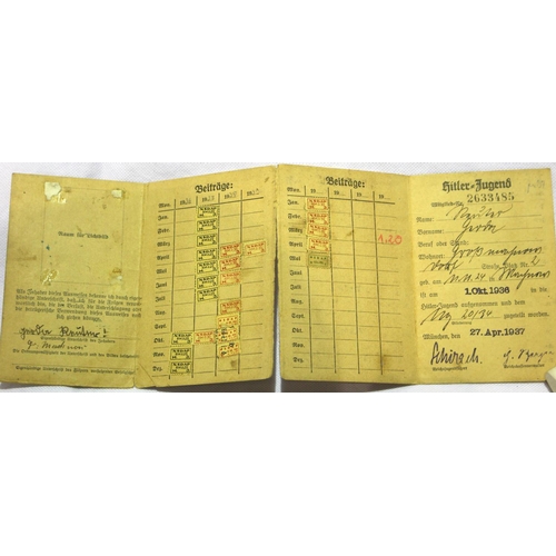 3026 - German Third Reich period Hitler Youth ID card containing various stamps and inscribed, dated 1937. ... 