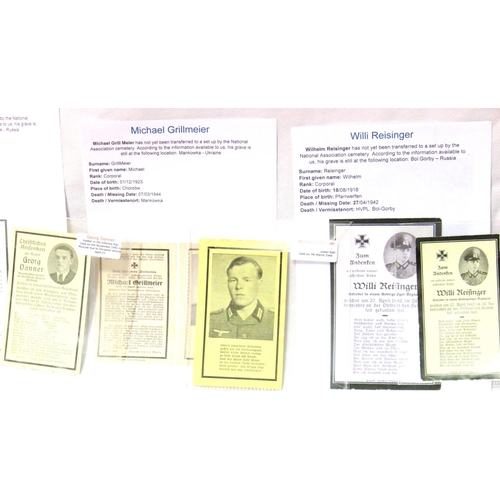 3049 - Three German WWII wartime obituary notice cards, relating to Wilhelm Reisinger, Michael Grillmeier a... 