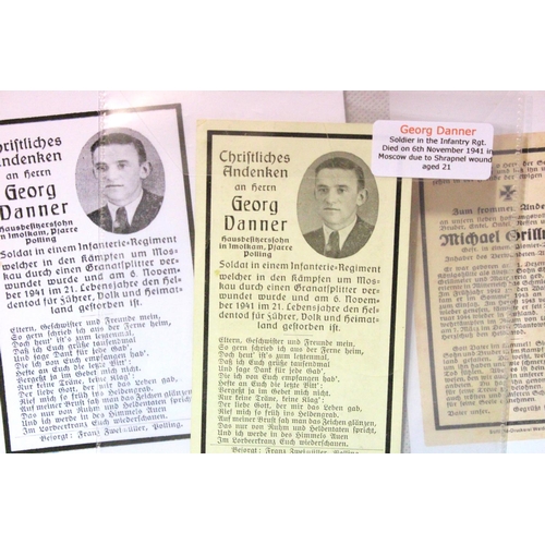 3049 - Three German WWII wartime obituary notice cards, relating to Wilhelm Reisinger, Michael Grillmeier a... 