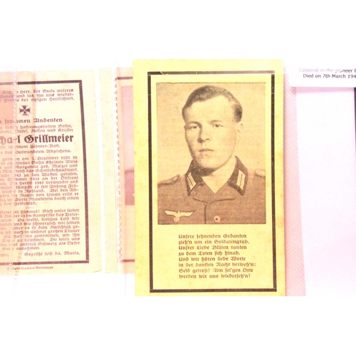 3049 - Three German WWII wartime obituary notice cards, relating to Wilhelm Reisinger, Michael Grillmeier a... 