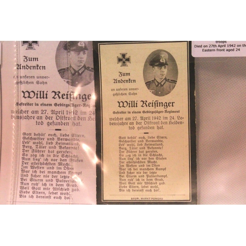 3049 - Three German WWII wartime obituary notice cards, relating to Wilhelm Reisinger, Michael Grillmeier a... 