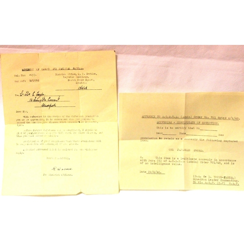 3052 - British WWII certificate of retention for One Japanese Sword dated 1945 but unissued, and a later Na... 