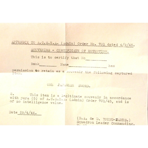 3052 - British WWII certificate of retention for One Japanese Sword dated 1945 but unissued, and a later Na... 