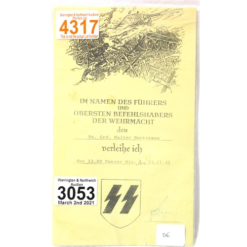 3053 - PZR GRD WALTER BECKERMAN of 12th SS Panzer Division, a memorial certificate dated 1941. P&P Group 1 ... 