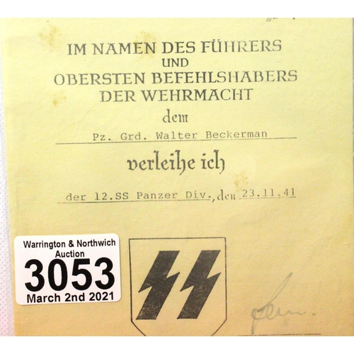 3053 - PZR GRD WALTER BECKERMAN of 12th SS Panzer Division, a memorial certificate dated 1941. P&P Group 1 ... 
