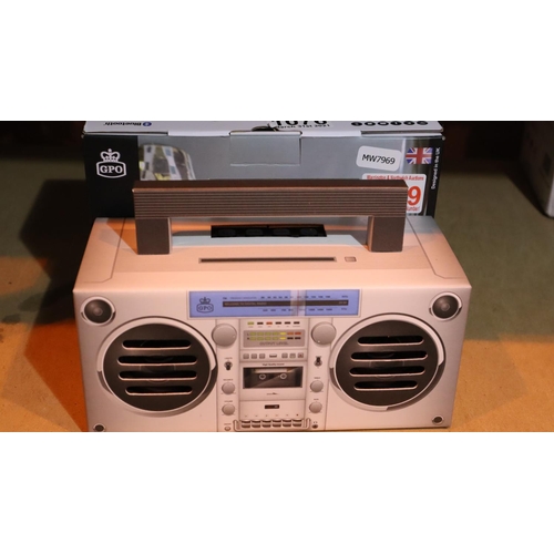 1076 - New Silver GPO Bronx mini boombox Bluetooth speaker; compact retro portable speaker with rechargeabl... 