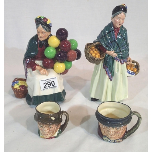 255 - Royal Doulton Orange Lady HN1953, the Old Balloon Seller HN1315 and two small character jugs. P&P Gr... 