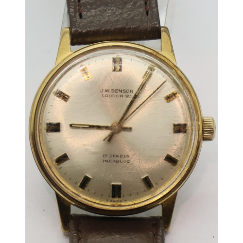 68 - Gents 17 jewel J.W Benson wristwatch on a leather strap, D: 3 cm. P&P Group 1 (£14+VAT for the first... 