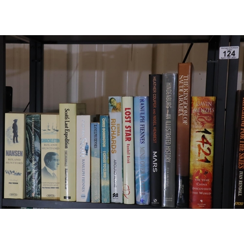 124 - Two shelves of travel and adventure books. Not available for in-house P&P, contact Paul O'Hea at Mai... 