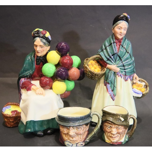 255 - Royal Doulton Orange Lady HN1953, the Old Balloon Seller HN1315 and two small character jugs. P&P Gr... 