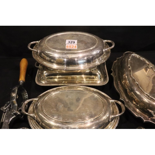 329 - Quantity of mixed silver plate including chafing dishes. Not available for in-house P&P, contact Pau... 