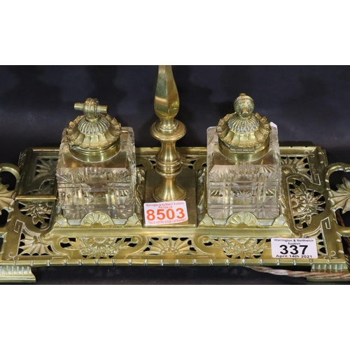 337 - Brass desk stand with twin inkwells and interior lamp. Not available for in-house P&P, contact Paul ... 