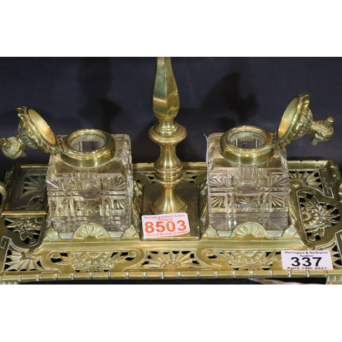 337 - Brass desk stand with twin inkwells and interior lamp. Not available for in-house P&P, contact Paul ... 