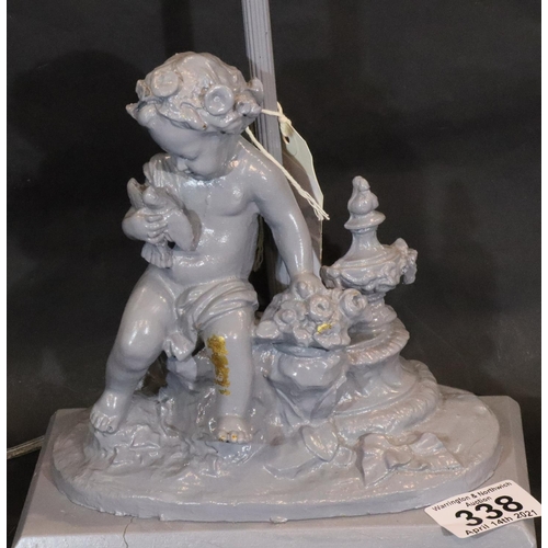 338 - Painted putti lamp with Victorian etched glass shade, overall H: 37 cm. Not available for in-house P... 