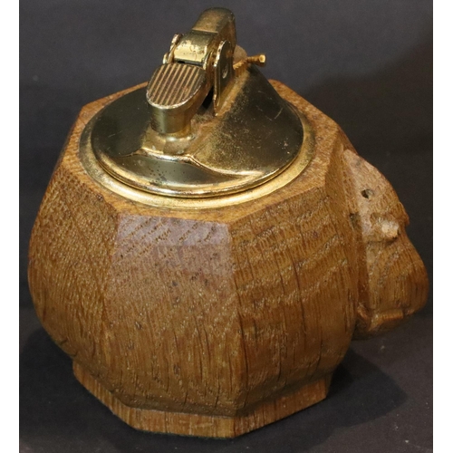 341 - Robert Mouseman Thompson, an octagonal teak  table lighter with carved mouse to the body, H: 8 cm. P... 