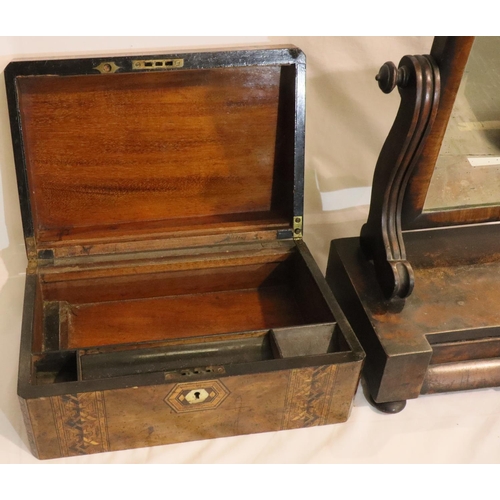 347 - Victorian mahogany toilet mirror with two short drawers and a marquetry inlaid writing slope for res... 