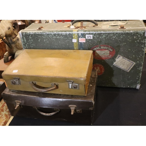 373 - Three vintage travel cases including a tin cabin trunk bearing Cunard shipping labels. Not available... 