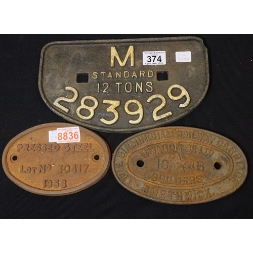 374 - Railwayana, cast iron wagon plate 283929, M Standard, with two smaller signs, 1948 and 1958. P&P Gro... 