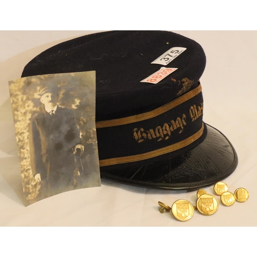 375 - Canadian Pacific interest, an embroidered baggage master visor cap, seven mixed uniform buttons and ... 