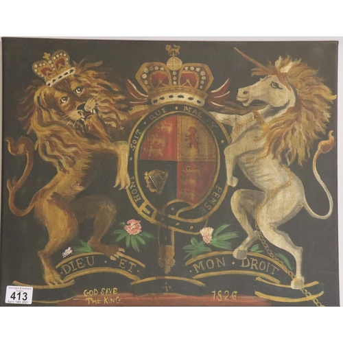 413 - Oil on canvas George IV Lion and Unicorn, modern rendition. P&P Group 2 (£18+VAT for the first lot a... 