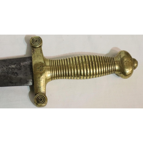 446 - 19thC French Gladius short sword with brass grip in leather scabbard. P&P Group 3 (£25+VAT for the f... 