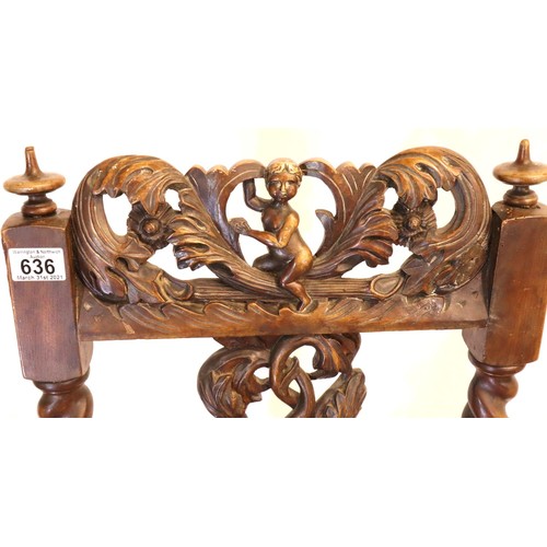 544 - Victorian heavily carved oak chair with upholstered seat, decorated with cherubs and acanthus leaves... 