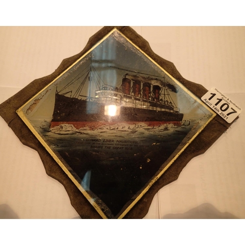 1107 - Painted glass tile of the cunard liner Mauretania, mounted on board backing. P&P Group 2 (£18+VAT fo... 