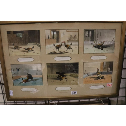 507 - Framed set of six cockfighting prints and four individual framed examples, each print 15 x 20 cm. No... 