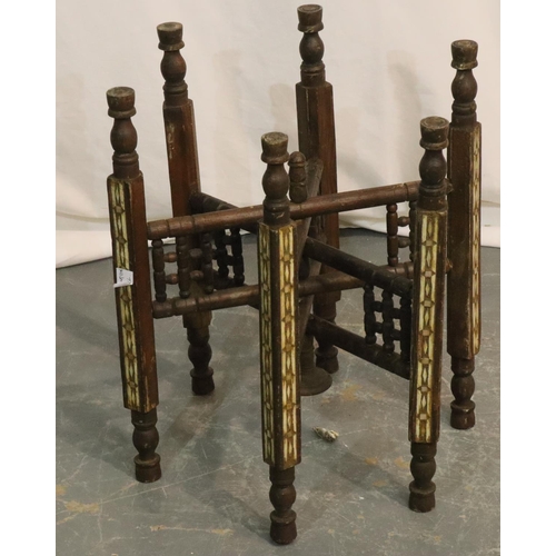 534 - Early 20thC Middle Eastern brass top table, folding base inlaid with ivory, top D: 70 cm. Not availa... 