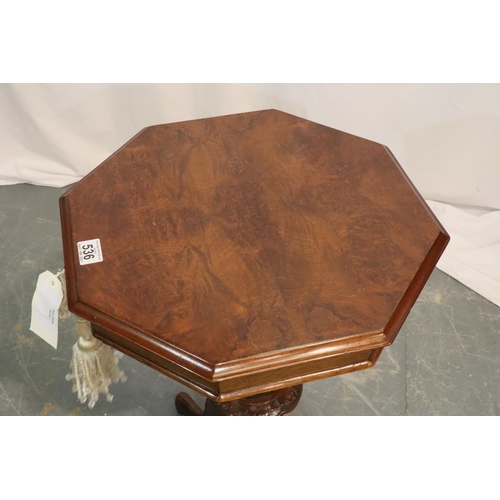 536 - Mid Victorian mahogany fitted sewing table with carved tripod support and octagonal locking lid, H: ... 