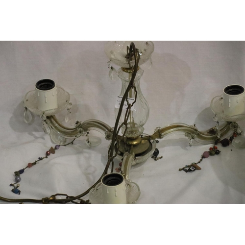 548A - 1920s three branch glass chandelier with an Art Deco mottled glass light shade, D: 37 cm. Not availa... 