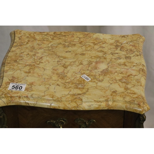 560 - French inlaid kingwood two drawer lamp table with marble top, H: 70 cm. Not available for in-house P... 