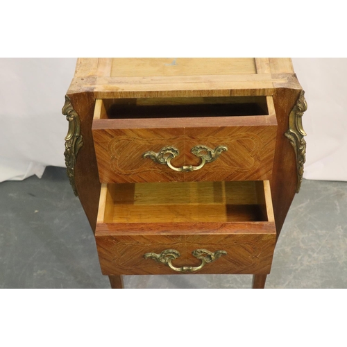 560 - French inlaid kingwood two drawer lamp table with marble top, H: 70 cm. Not available for in-house P... 