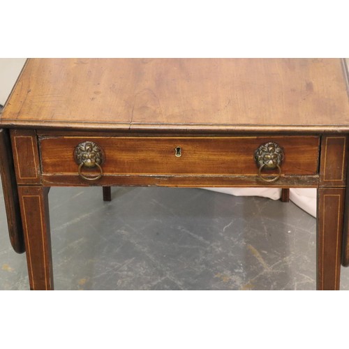 528 - Edwardian inlaid mahogany Pembroke table with single drawer and later fitted handles, 90 x 104 (open... 